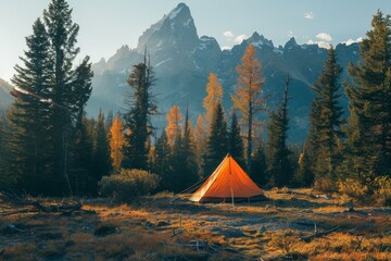 A small orange tent is set up in a field with trees in the background. The scene is peaceful and serene, with the orange tent standing out against the green trees. Concept of adventure - Powered by Adobe