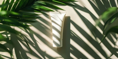 A tube of white cream is sitting on a table in front of a palm tree. The scene is peaceful and relaxing