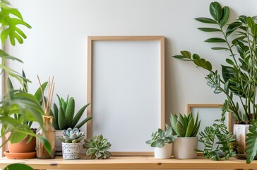 A white frame sits on a shelf with a variety of potted plants. The plants include a cactus, a fern, and a few other greenery