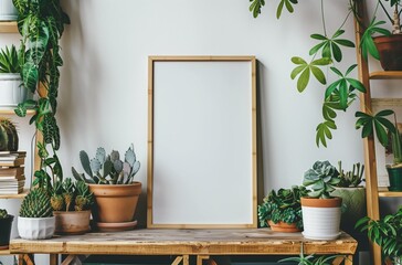 A white frame sits on a wooden table next to a variety of potted plants. The plants are arranged in...