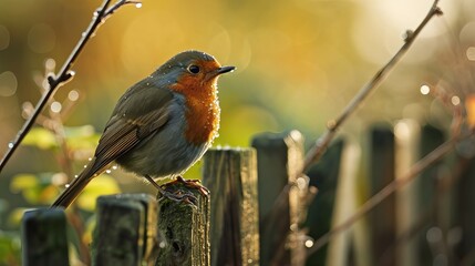 Sunlit Robin Perched on a Weathered Wooden Fence Amidst Dew-Kissed Greenery