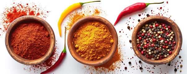 An assortment of spices including turmeric, paprika, and peppercorns in terracotta bowls, adorned with fresh herbs and red chili peppers on a white backdrop.	
