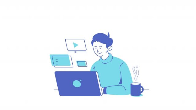 Cartoon Character Using Laptop Animation 4K