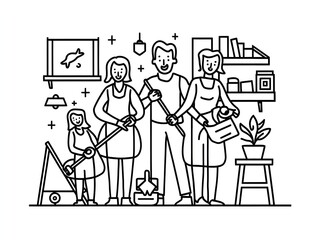 illustration of a family cleaning the home line art 