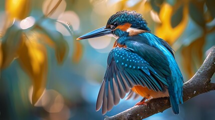 Vibrant Kingfisher Perched on a Branch, Displaying Its Colorful Plumage Amidst Lush Greenery