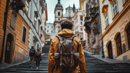 Man walking on a narrow street carrying a backpack