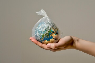 Dynamic global warming and climate change concerns concepts hand holding the planet earth inside plastic bag metaphor clean background 