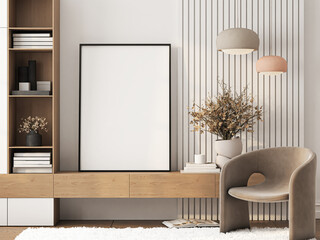 Frame mockup, ISO A paper size. Living room wall poster mockup. Interior mockup with house background. Modern interior design. 3D render
- 781207315