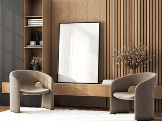 Frame mockup, ISO A paper size. Living room wall poster mockup. Interior mockup with house background. Modern interior design. 3D render
- 781207320