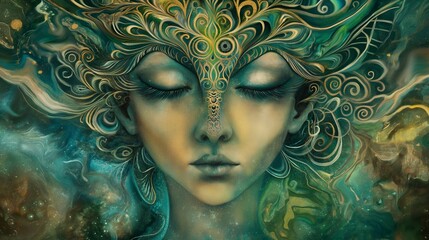 illustration in green tones of a mystical fantasy goddess  character wearing a decorative headpiece. 