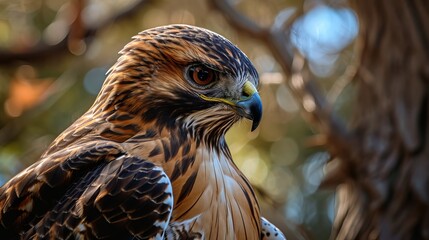 Majestic Hawk Close-Up, Detailed Feathers and Intense Gaze Amidst Natural Habitat