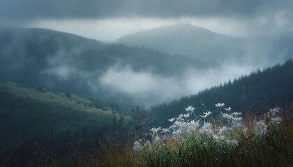 blooming white flowers in carpathians foggy summer scene of mountain valley colorful morning view of borzhava ridge transcarpathians ukraine europe beauty of nature concept background - obrazy, fototapety, plakaty