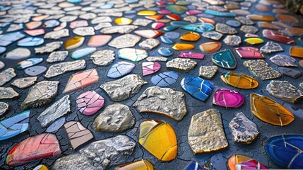 Artistic mosaic tiling on a street pavement, adding a pop of color and creativity to the urban...