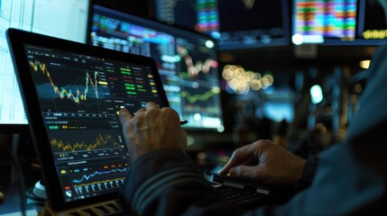 A trader using a tablet with a split-screen feature to monitor multiple stocks and markets simultaneously. 