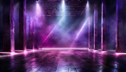 background of empty room with spotlights and lights abstract purple background with neon glow