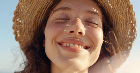 Portrait of beautiful woman smiling and wearing straw hat, enjoying summer day at the beach. Happy beautiful young woman smiling at the beach, girl enjoying sunny day out - Healthy lifestyle concept