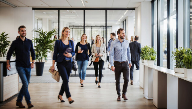 A group of professionals walking through a modern office hallway