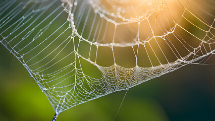 A close-up photo of a spider web, showcasing its intricate structure and geometric patterns. The silk threads of the spider web are clearly visible, highlighting its tension and flexibility. - obrazy, fototapety, plakaty