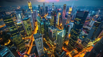Drone photograph of a bustling cityscape at twilight, skyscrapers illuminated, busy streets below - obrazy, fototapety, plakaty