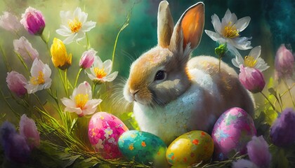 happy easter card with bunny and spring flower watercolor style happy easter banner ai generative