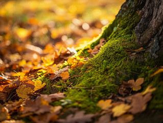 Mossy Tree Base Amidst Autumn Leaves