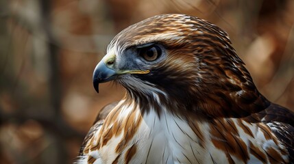 Majestic Close-Up of a Brown and White Feathered Hawk with Sharp Beak and Intense Gaze in Natural Wilderness