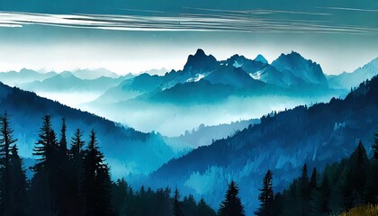 vector nature landscape with blue silhouettes of mountains and forest