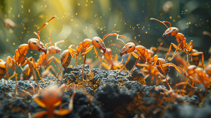 A group of ants are fighting over a piece of food. Scene is intense and competitive