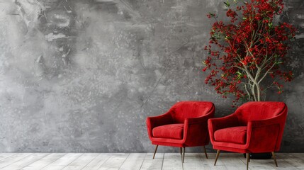 neutral Room, cozy, easy going, two red cozy chairs sitting close together, blank space to the right, neutral back drop, no people, interior only - obrazy, fototapety, plakaty