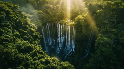 Aerial view of a majestic waterfall in a dense forest, drone capturing the cascading water and lush greenery, sunlight piercing through the trees, serene and breathtaking - obrazy, fototapety, plakaty