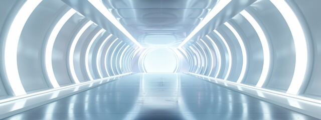 3D render, abstract futuristic background with a white glowing tunnel in the center. Abstract minimalistic empty scene of an illuminated modern technology stage or corridor