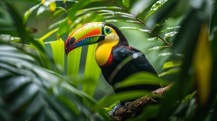 Vibrant Toucan Amidst Lush Greenery, Perched on a Branch, Displaying Colorful Beak and Plumage in Natural Habitat