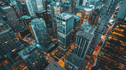 Fototapeta premium Drone photograph of a bustling cityscape at twilight, skyscrapers illuminated, busy streets below