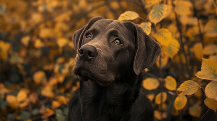 brown dog sitting near the bush with orange autumn leaves.  - Powered by Adobe