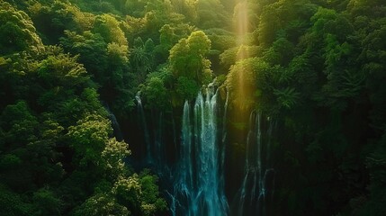 Aerial view of a majestic waterfall in a dense forest, drone capturing the cascading water and lush greenery - obrazy, fototapety, plakaty