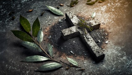 ash wednesday concept with cross ashes and olive leaves on concrete stone background