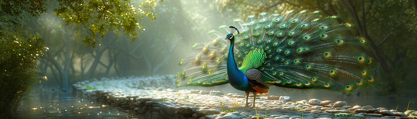 A beautiful peacock is walking on a path near a river. The image has a serene and peaceful mood, with the bird standing out against the natural surroundings - Powered by Adobe
