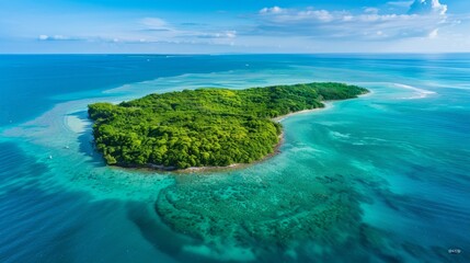 Drone photo capturing an isolated island surrounded by crystal-clear waters, lush tropical vegetation, the contrast of blue and green
