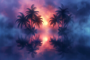 The silhouette of coconut trees against the sunset is reflected in the water. Natural tropical background at dusk.