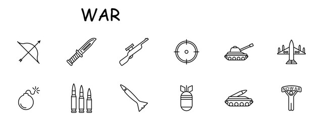 Weapon set icon. Tank, man, banner, no war, artillery, plane, bomber, military equipment, bow, rifle, knife, rocket. Third world countries and military operations in them concept. Vector line icon. - obrazy, fototapety, plakaty