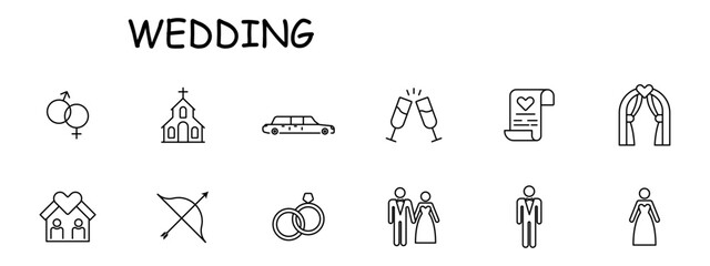 Wedding icon set. Document, wine, sex, glasses, church, heart, wife, wedding dress and suit, man, groom, house, limousine, bow, marriage certificate, altar. Marriage concept. Vector line icon.
