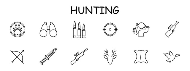 Chase set icon. Bear paw badge, rifle, bow, deer, skin, knife, bullet, horns, crosshair, sight, binoculars, silhouette, man, duck, . Hunting concept. Vector line icon.