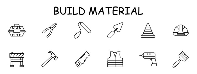 Construction set icon. Repair supplies, equipment, saw, roller, pliers, brush, cone. fence, helmet, drill, spatula, windbreaker, jacket, uniform, hammer. Vector line icon.