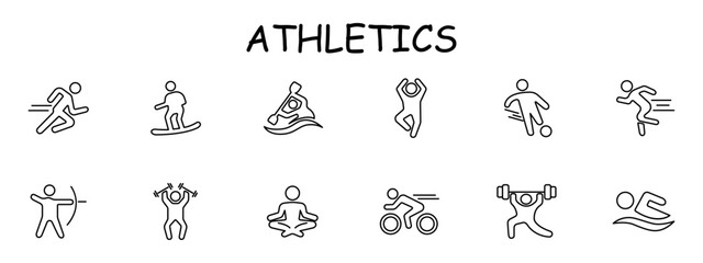 Useful hobby set icon. Archery, swimming, lifting weights, meditation, dancing, cycling, running, health care, outdoor activities, sports, . Healthy lifestyle concept. Vector line icon.