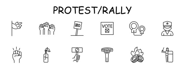 Uprising icon set. Flag, fire, banner, no, ban, handcuffs, police, burning tires, voice, man, silhouette, Molotov cocktail, . The concept of the fight against the regime. Vector line icon.