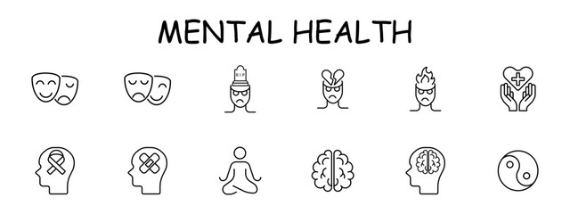 Mood icon set. Theater masks, smile, anger, yin yang, man, brain, fire, meditation, silhouette, sentiment care, patch, restoration, . Controlling your condition concept. Vector line icon.