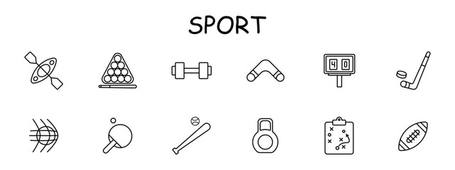 Sports set icon. American football, stand, scoreboard, plan, baseball, boomerang, hockey, kettlebell, active recreation, healthy lifestyle. Sports disciplines concept. Vector line icon.