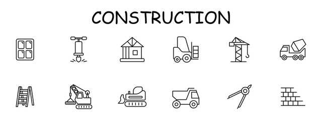 Construction equipment set icon. Window, heavy equipment, ladder, crane, vehicle for transporting cargo, compass, house, frame, drill, wall, mechanism. Building concept. Vector line icon.