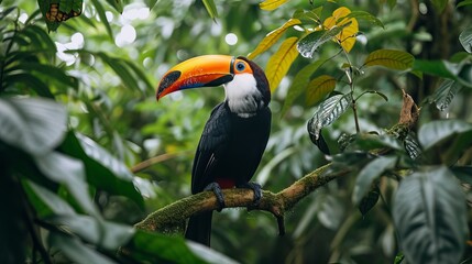 Vibrant Toucan Perched on a Mossy Branch Amidst Lush Green Foliage in a Tropical Rainforest