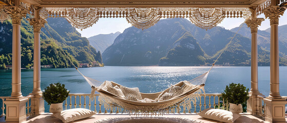 Italian Lakeside Elegance, A Serene Summer View from a Terrace Overlooking Lake Comos Peaceful Waters - obrazy, fototapety, plakaty